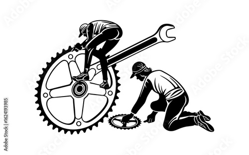 Cyclists fixing bicycle parts mechanic repair