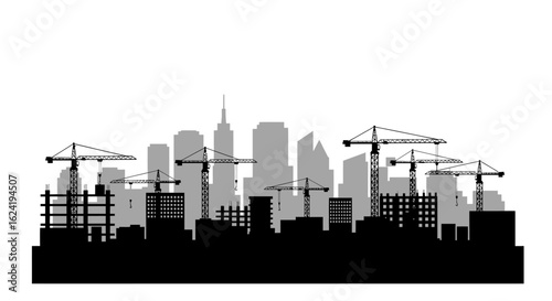 Vector Silhouette of Urban Construction Scene with Cranes and Buildings