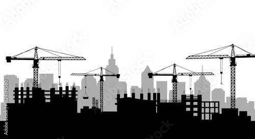 Vector Silhouette of Urban Construction Scene with Cranes and Buildings