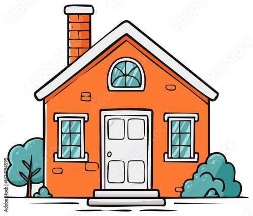 Cartoon house illustration with chimney, windows and green shrubbery