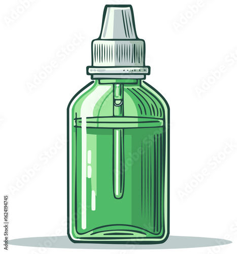 Green glass dropper bottle with pipette containing cosmetic serum or medical tincture cartoon vector illustration