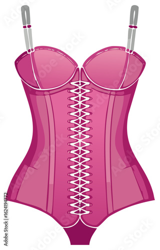 Pink corset vector illustration with a white lace-up, vintage design isolated
