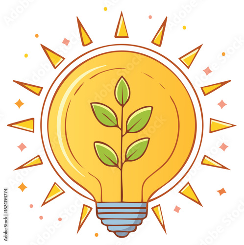 Lightbulb with plant and sunburst, concept for renewable energy and ideas