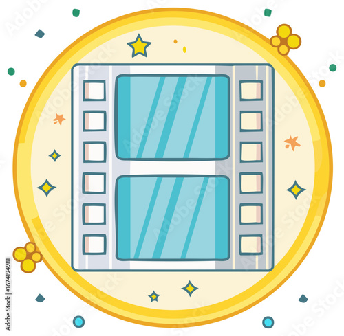 Animated film strip with cinematic theme and celebratory confetti