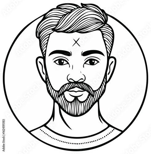 Line Art Portrait of Man with Beard and Forehead Mark in Circle Frame Character Drawing