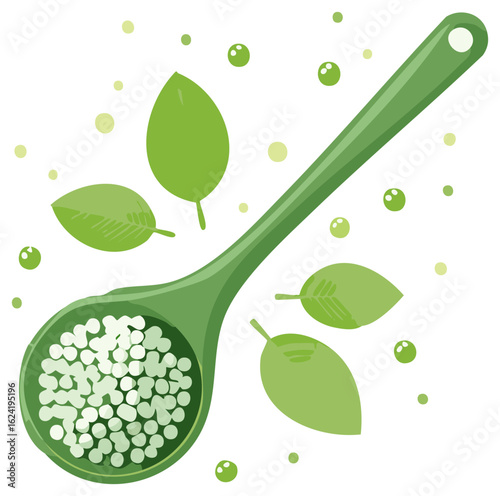 Spoonful of Homeopathy Pills with Green Leaves for Herbal Medicine