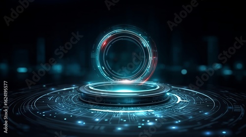 Futuristic digital podium with glowing circular interface and neon blue light rings on high-tech data grid in virtual dark space