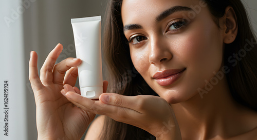 A beautiful woman holding tube cream skincare, mockup free photo