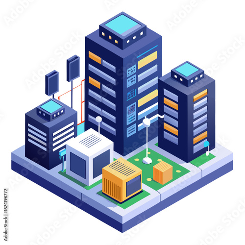 Isometric illustration of a futuristic smart city with interconnected buildings and technology