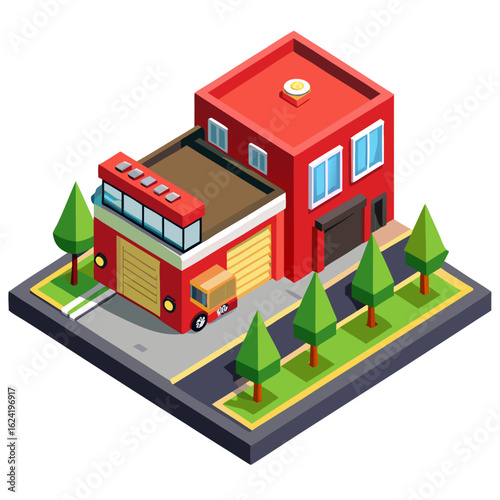 Isometric red fire station building with trees and a fire truck