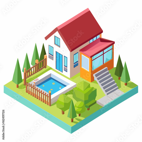Modern isometric house with swimming pool and sunroom