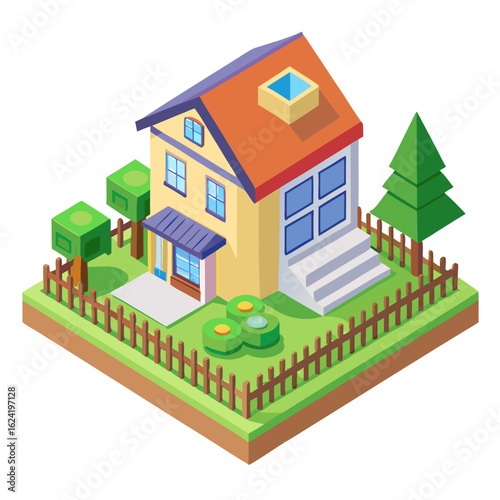 Isometric cartoon house with a garden and fence