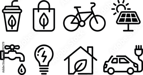 Black Outline Icon Set Featuring Eco Elements on Transparent Background
