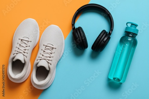 Overhead shot of sneakers headphones and water bottle on orange and blue background for fitness concept