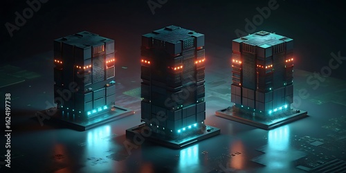 Three abstract futuristic servers with glowing blue and orange lights, symbolizing data centers and advanced technology.