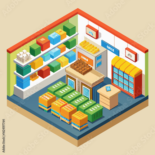 Isometric illustration of a grocery store interior with shelves and displays