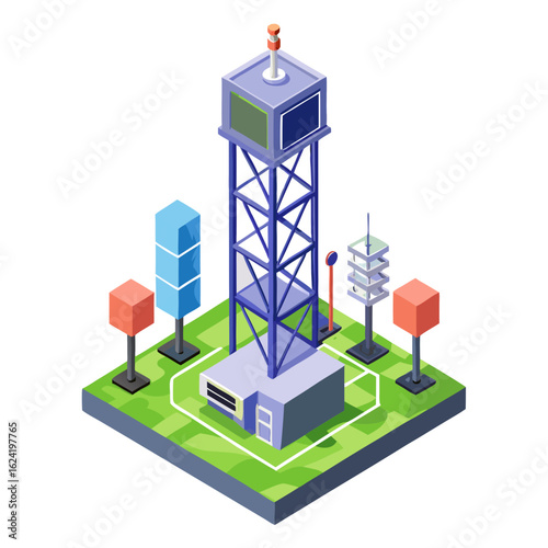 Isometric view of a telecommunications tower with surrounding structures