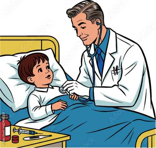 A kind male doctor in a white coat is examining a young boy lying in a yellow hospital bed with a blue blanket using a stethoscope