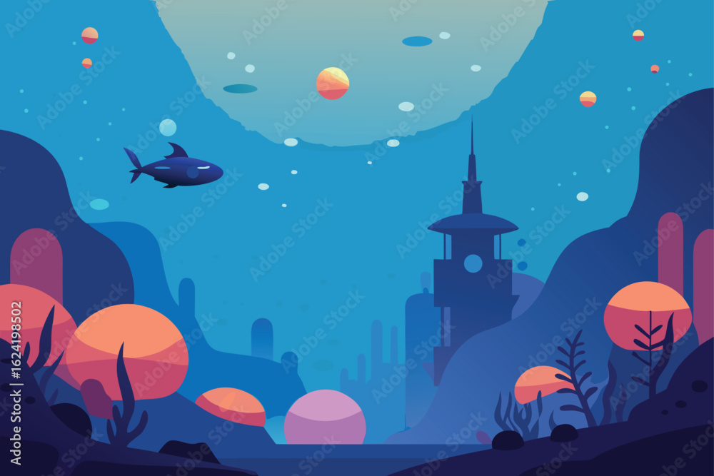 Naklejka premium underwater-scene-with-bubbles-and-reef-structures-.eps