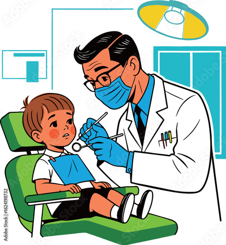 A male dentist, wearing a mask, white coat, and blue gloves, examines the teeth of a young, apprehensive boy seated in a green dental chair