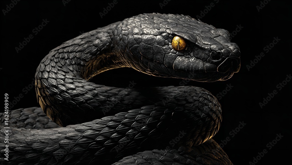 Fototapeta premium Black Snake with Golden Eyes Coiled into Artistic Shape on Dark Background