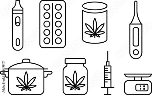 Cannabis Medicine Icons Line Art Vaporizer, Pills, Jar, Thermometer, Syringe and Scales