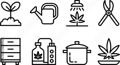 Collection of Line Art Icons Sprout Watering Can Cannabis Plant Equipment Tools