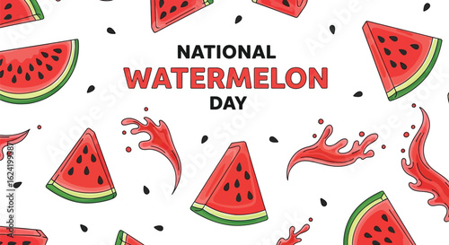 Festive national watermelon day illustration with slices and splashes, perfect for celebrating summer and healthy eating