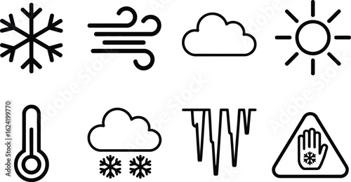 Collection of weather icons Snowflakes cloud windy sun thermometer icicles cold