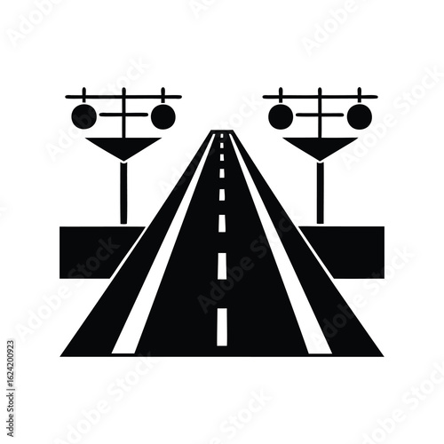 Monochromatic illustration of a highway and a railroad crossing signal