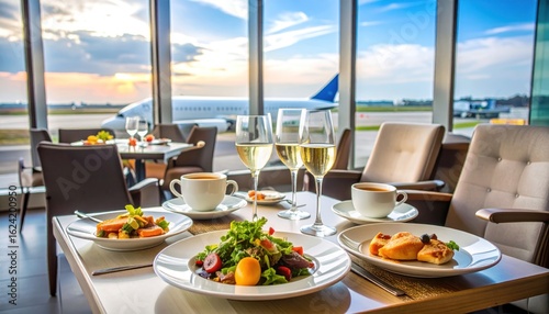 Airport lounge dining with sunset view