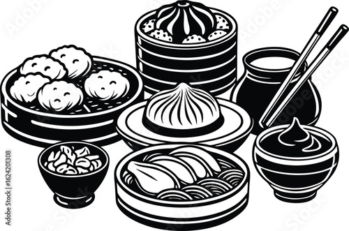 Assortment of delicious chinese dim sum dumplings and buns in bamboo steamer baskets