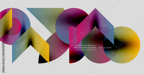 Abstract colorful shapes overlap, creating dynamic visual effect. Modern design elements suggest creativity, innovation. Background features text.