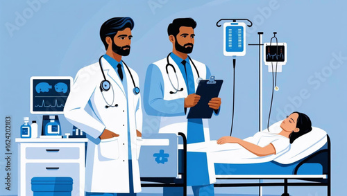 Dedicated doctors attentively monitor patient recovery, showcasing compassionate healthcare and medical expertise in a modern hospital setting, inspiring trust and hope.