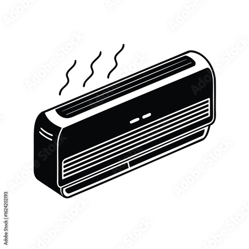 Black and white graphic representation of air conditioner with heat waves above