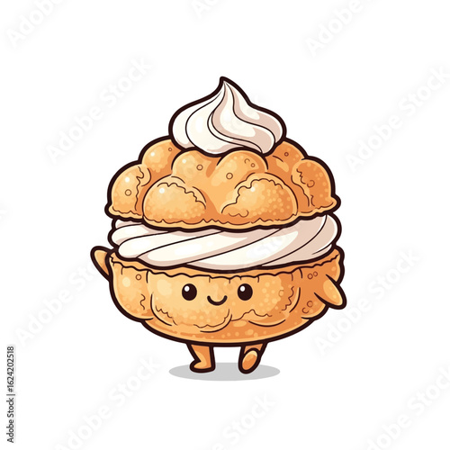 Cute cartoon cream puff character with a smiling face and arms and legs, standing on a white background.