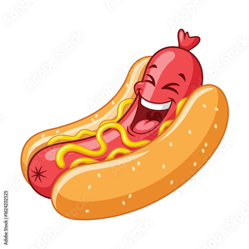 A cartoon hotdog with a smiling face lies in a bun with mustard, expressing happiness.