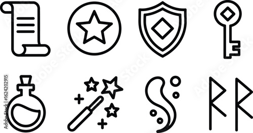Icon Set of Fantasy Elements, Scroll, Star, Shield, Key, Potion, Magic, Rune, Flat