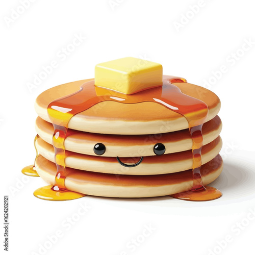 A stack of four pancakes with a smiling face, topped with butter and dripping syrup on a white background.