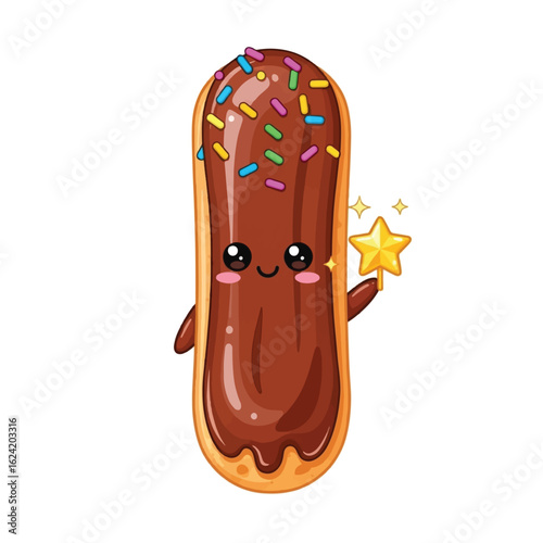 Adorable chocolate eclair pastry character with sprinkles, holding a magic star wand.