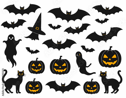 Spooky Halloween fun design featuring bats, black cats, ghosts, pumpkins and a witches hat