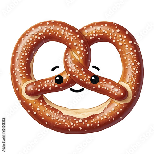 A cute, smiling pretzel with a sprinkled crust, depicted in a detailed illustration.