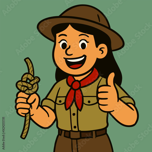 A playful cartoon woman scout with a wide smile ties a rope knot while giving a thumbs-up gesture, dressed in a scout uniform with a red neckerchief, set against a muted green background.