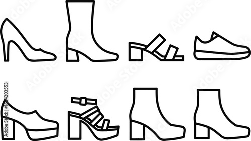 Line Art Assortment of Women's Shoes Icons on Transparent Background