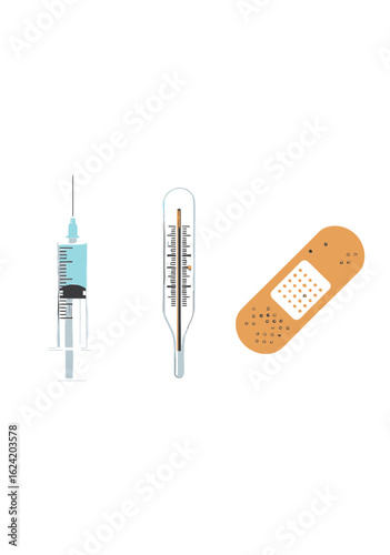 Collection of illustrated medical supplies a syringe with blue liquid a glass thermometer and an adhesive bandage.
