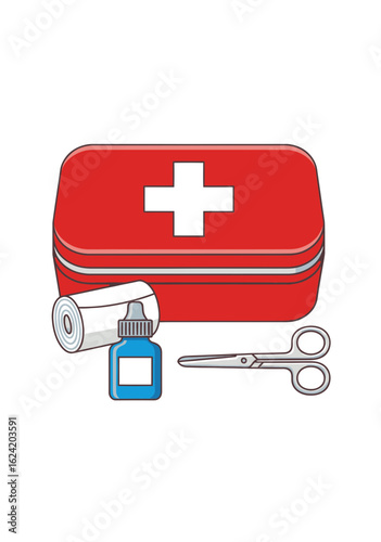 Illustrated red first aid kit with a white cross bandage roll antiseptic bottle and medical scissors.