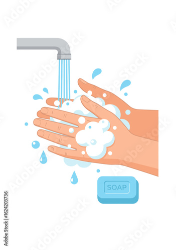 Vector illustration of hands washing with foamy soap under running water from a faucet.