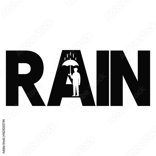 Creative Rain Typography Design with Umbrella and Silhouette – Minimalist Black and White Concept Art