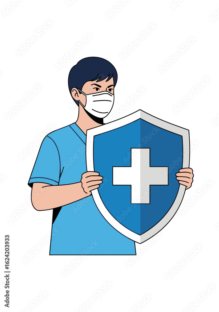 Cartoon man in blue shirt and white mask holding a blue shield with a white cross. Cartoon man in blue shirt and white mask holding a blue shield with a white cross.