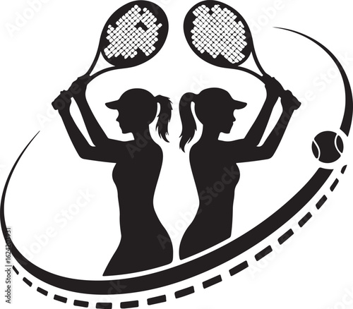 Vector Icon: Dynamic Female Tennis Players Silhouette, Sport Sign, Symbol of Teamwork and Competition